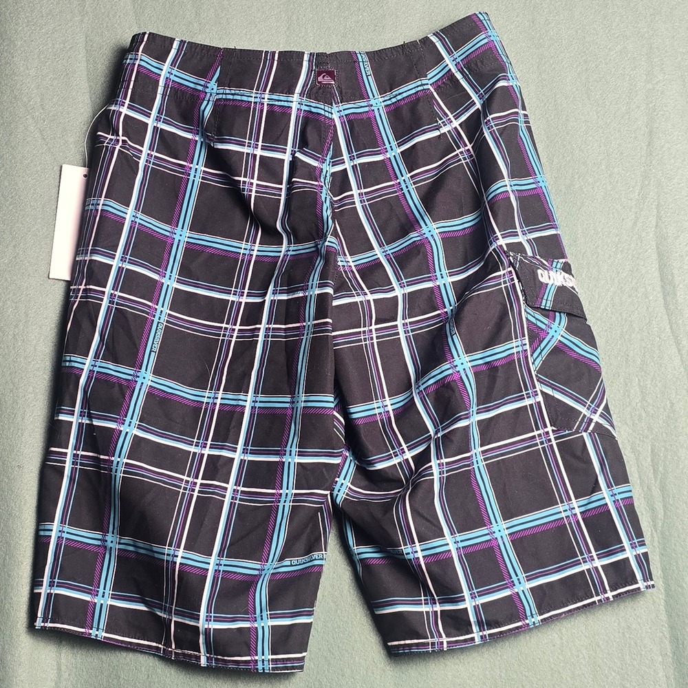 Quiksilver Boys Plaid Board Shorts Black Teal Purple Swim Trunks Size 10 NEW‎ - Picture 11 of 14